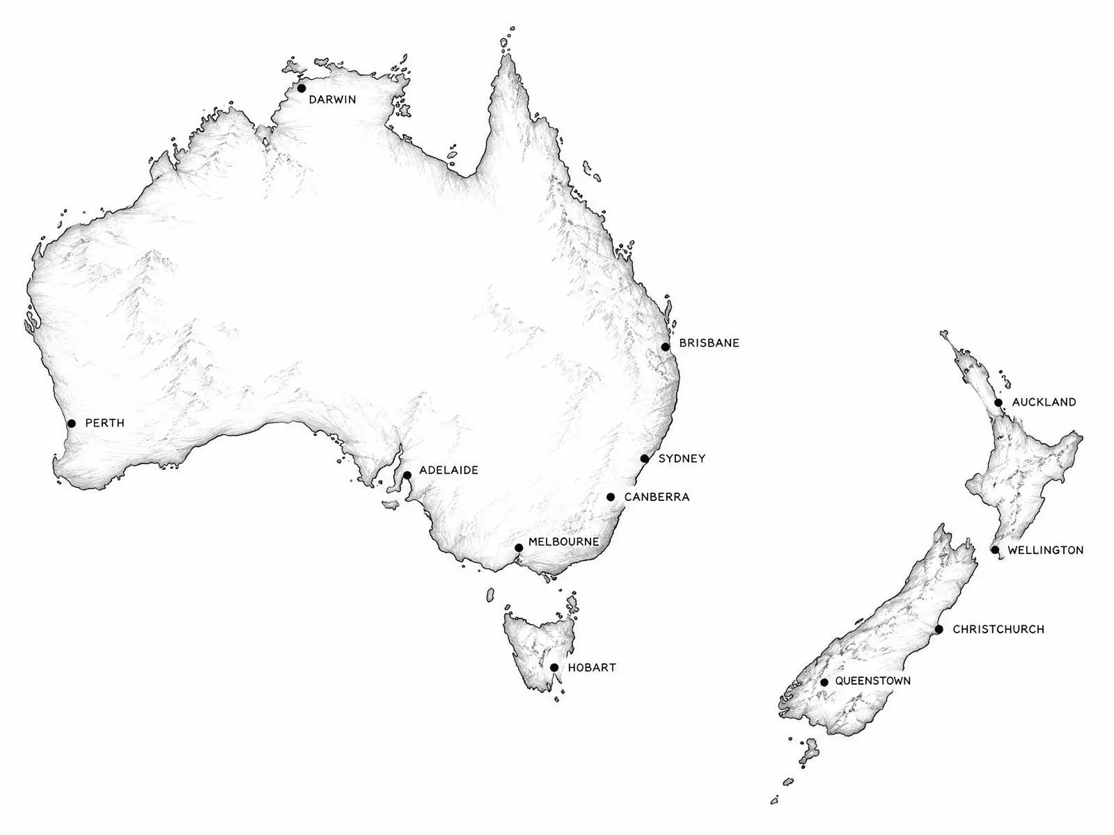 Sketched map of Australia and New Zealand with major cities marked