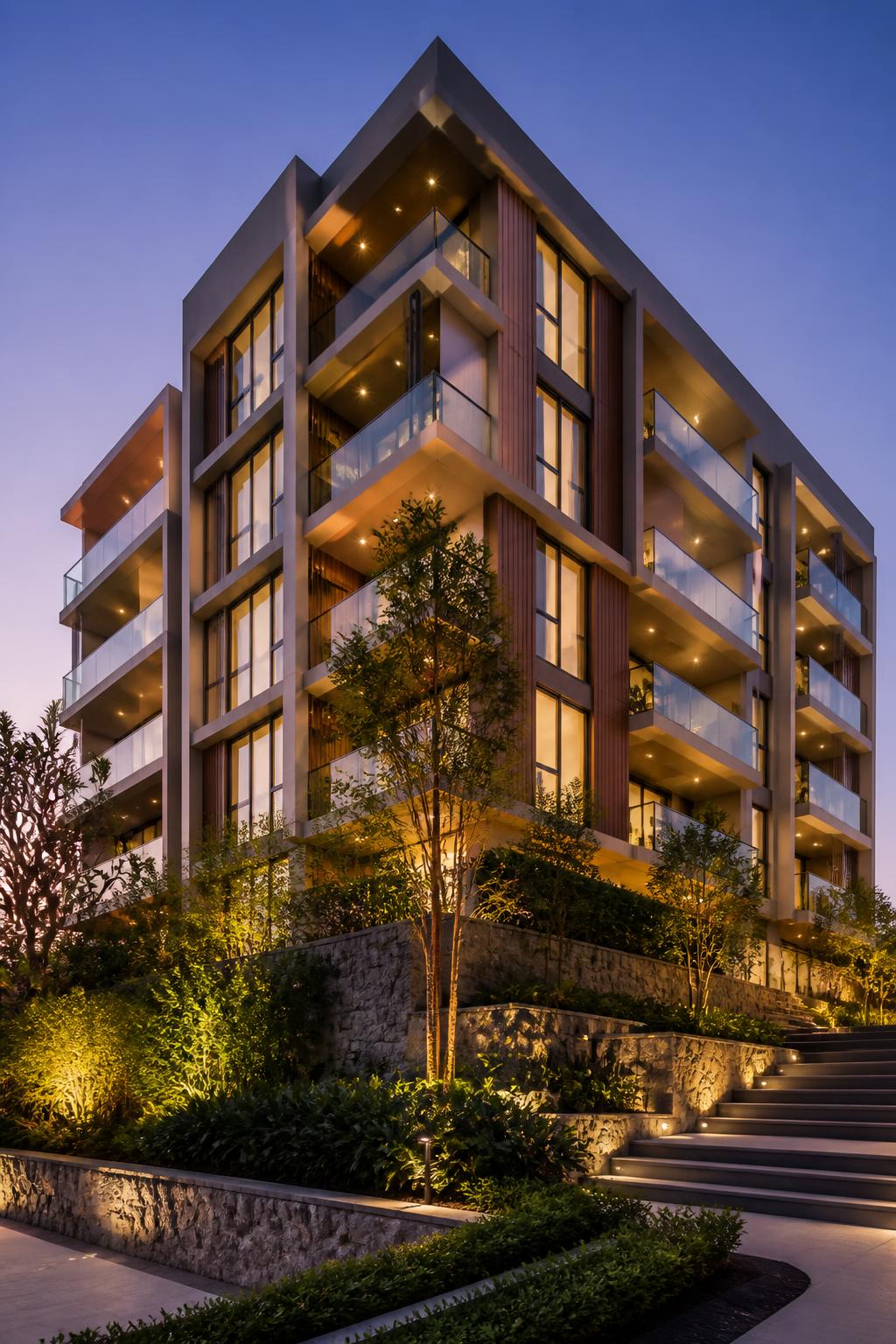 Modern residential apartment development at dusk