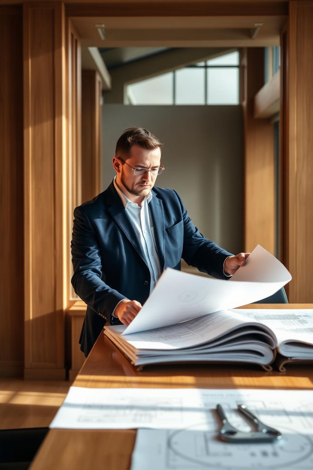 Construction professional reviewing drawings inside an unfinished building